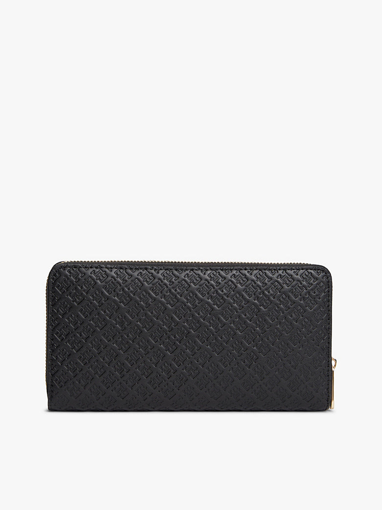 Tommy Hilfiger TH Monogram Embossed Zip-Around Wallet – Black/Gold