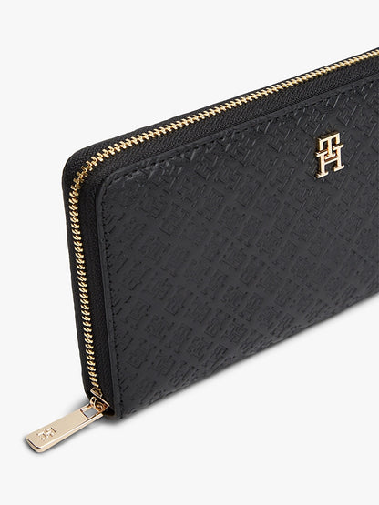 Tommy Hilfiger TH Monogram Embossed Zip-Around Wallet – Black/Gold