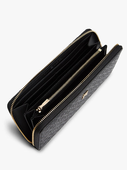 Tommy Hilfiger TH Monogram Embossed Zip-Around Wallet – Black/Gold