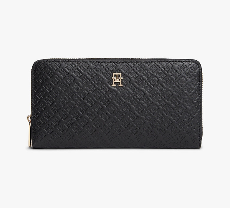 Tommy Hilfiger TH Monogram Embossed Zip-Around Wallet – Black/Gold