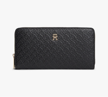 Tommy Hilfiger TH Monogram Embossed Zip-Around Wallet – Black/Gold