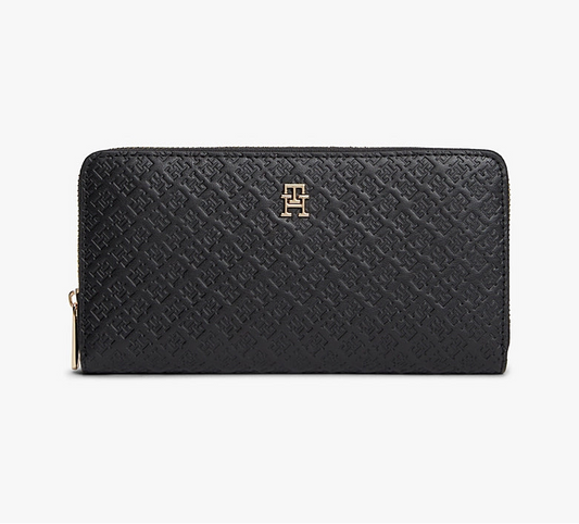 Tommy Hilfiger TH Monogram Embossed Zip-Around Wallet – Black/Gold